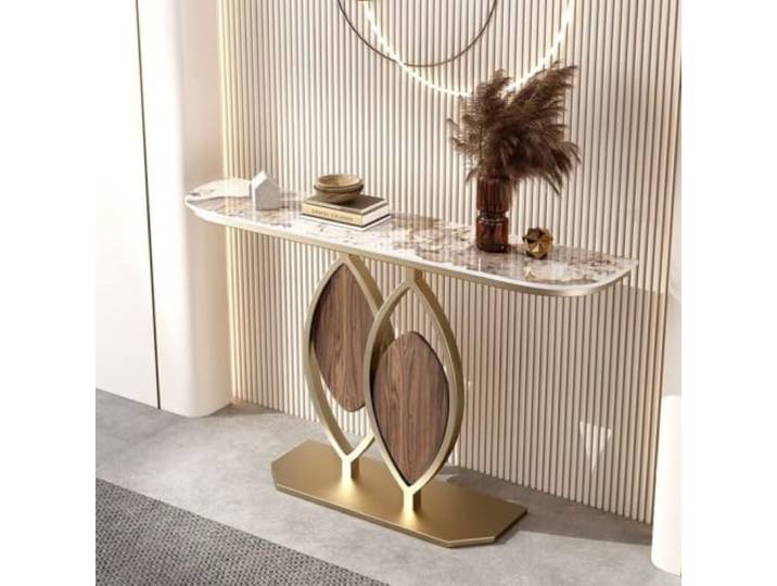 Moderner Konsolentisch mit Sinterstein, schmaler Flurtisch für Eingang Sintersteinplatte, kratzfest, schmaler Flurtisch, Metallgestell, modernes Design(Gold+White-gold,31.5in*11.8in)