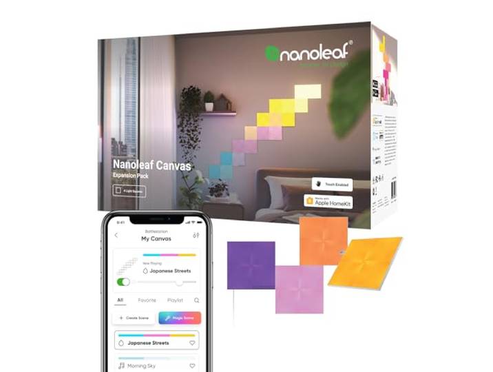 Nanoleaf Canvas Pack d'Extension\, 4 Panneaux Lumineux Carrés Additionnels - Appliques Murales Intérieur Modulaires Connectées LED RGBW Wi-Fi\, Compatible Alexa\, pour Salon Chambre Bureau Gaming