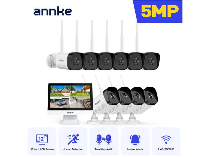 ANNKE 5MP caméras de sécurité sans fil Kit extérieur étanche 10CH NVR 12 pouces moniteur avec caméra IP Surveillance système de vidéosurveillance ensemble