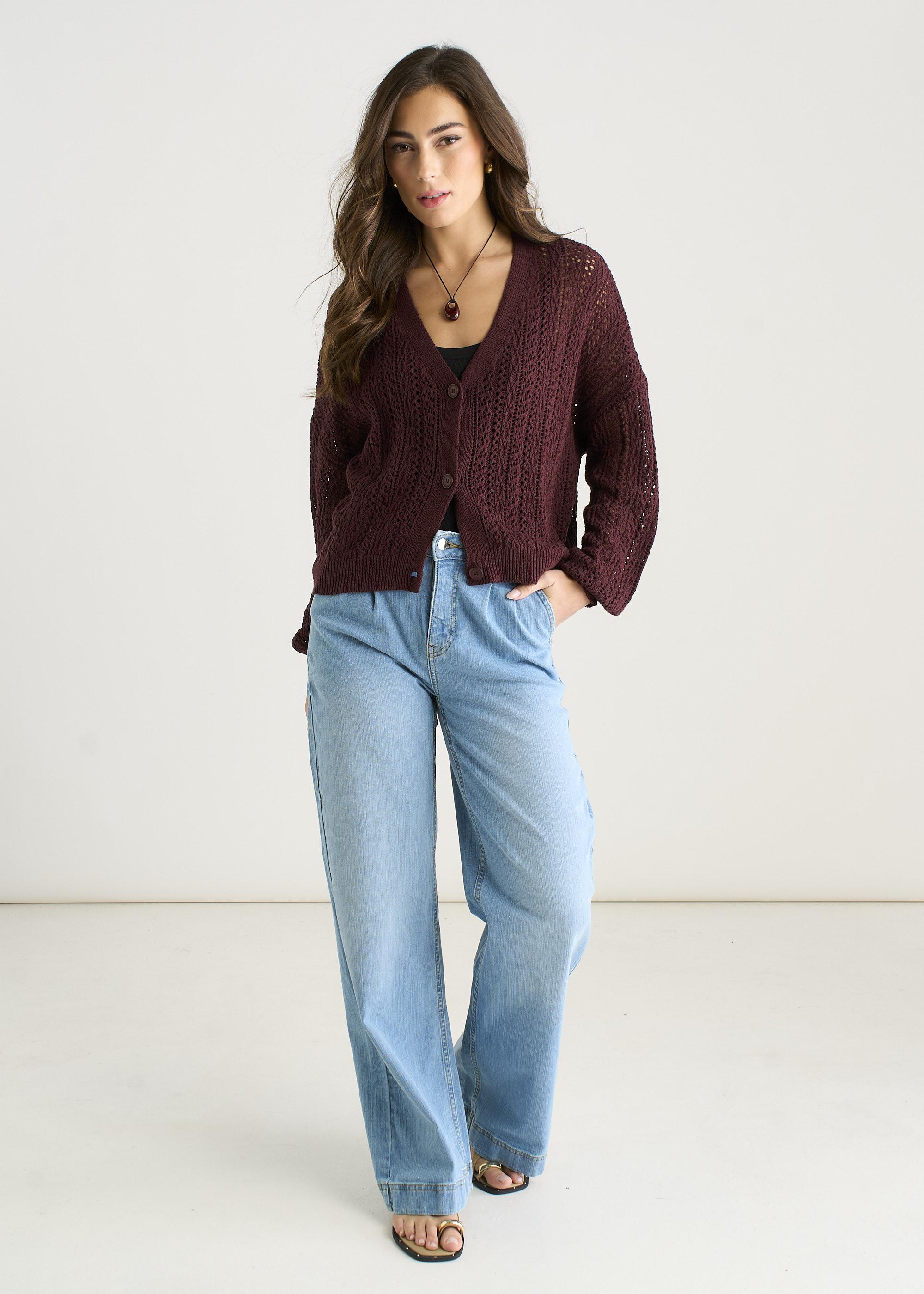 Lange Ärmel-Strickjacke in Schokoladenbraun