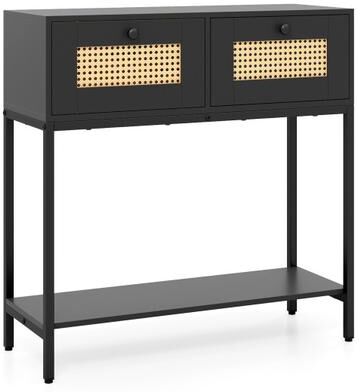 Costway Rattan Console Table Boho Entryway Table with 2 Rattan Drawers and Open Storage Shelf-Black