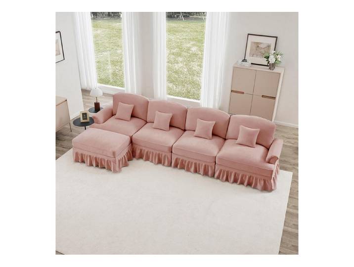 LuxusKollektion Wohnlandschaft Ecksofa LForm 4Sitzer Ottomane Chenille Rosa 4-Seat 1 Ottomane