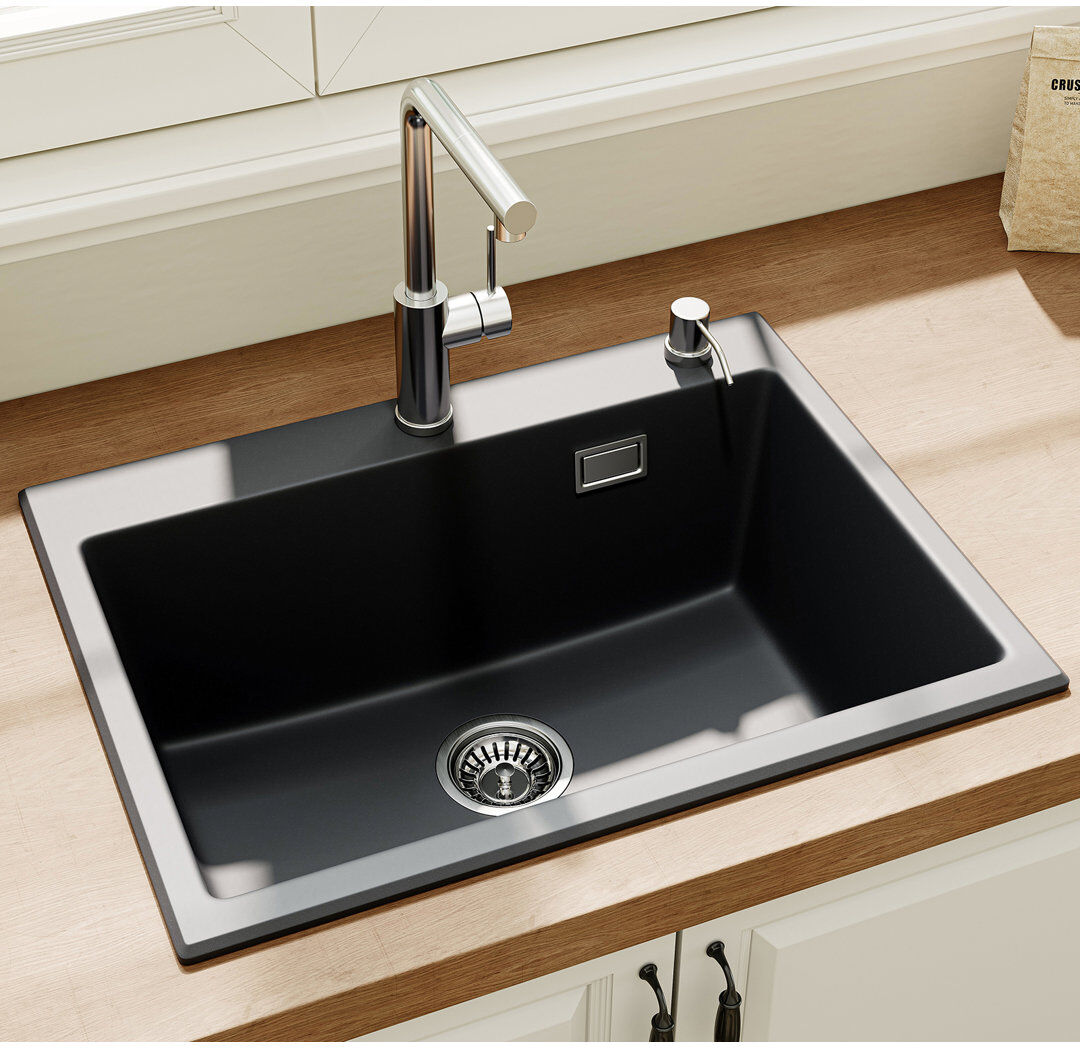 HOROW 60cm Single Bowl Kitchen Sink with Waste Kit and Siphon Black