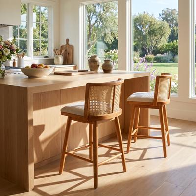 Christopher Knight Home Talia Scandinavian Upholstered Wooden Counter Stool Set - Bar Chairs with Rattan Backrest