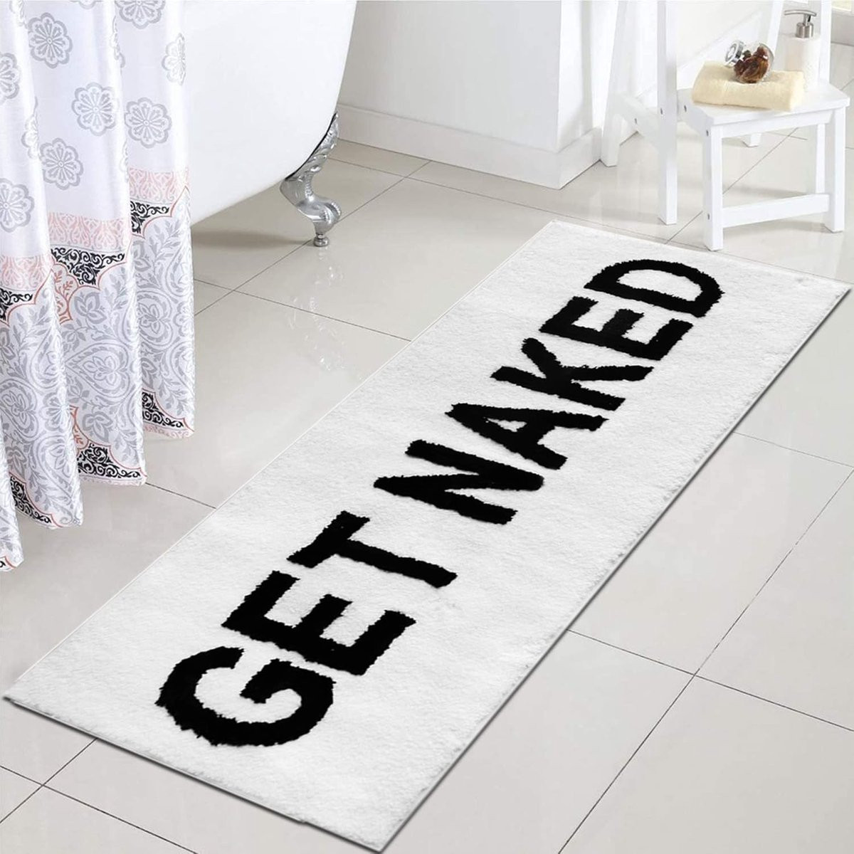 Witte badmat met grappige tekst voor in de badkamer, 45 x 119 cm