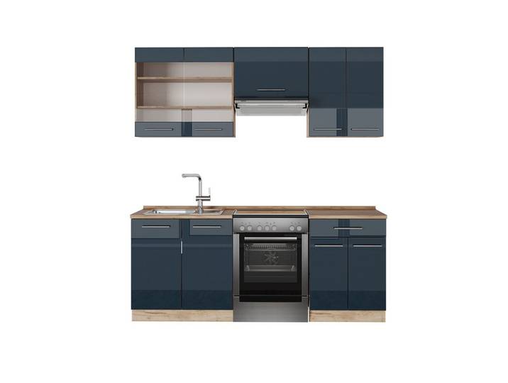 Vicco Küchenzeile Fame-Line, Dunkelblau Hochglanz/Goldkraft Eiche, 200 cm ohne Arbeit...