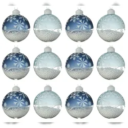 Christmas Decorations 12 Weihnachtskugeln 8cm Glas mit Schneeflocken Motiv Christbaumkugeln hellblau