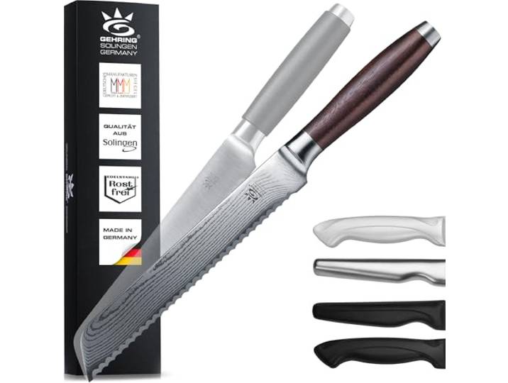 GEHRING SOLINGEN PREMIUM MYII Brotmesser/Wellenschliffmesser Scharfes Profi Küchenmesser Made in Germany, eisgehärteter Damaststahl VG10 + ergonomischem Nussbaum - Holzgriff…