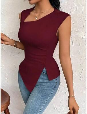 Universal Stock Burgundy One Shoulder Ruched Sleeveless Top Womens Fashion Top Elegant Summer Style l
