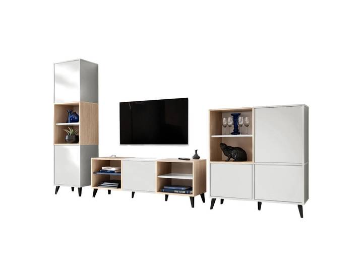 Komodee Wohnwand Fondi, 3-er set, Weiß, Skandinavische Tanne, Weiß, Hellbraun, 4 Fächer, 272x173x35 cm, Wohnzimmer, Wohnwände