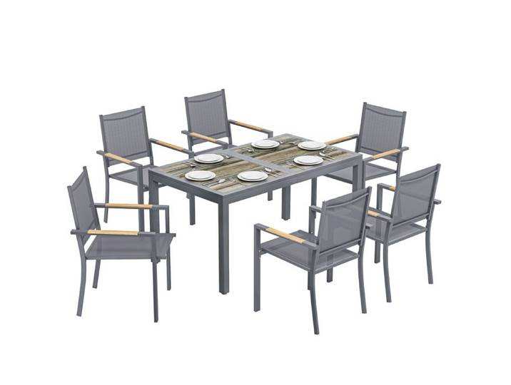 Salon de jardin - ensemble mobilier de jardin - Outsunny - 7 pièces table effet bois et 6 chaises empilables en textilène - gris