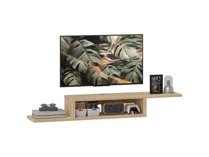 Homcom Meuble Tv Mural Flottant Suspendu Support Tv - Étagère Murale Flottante - Niche\, Passe-fils - Chêne Clair-chêne