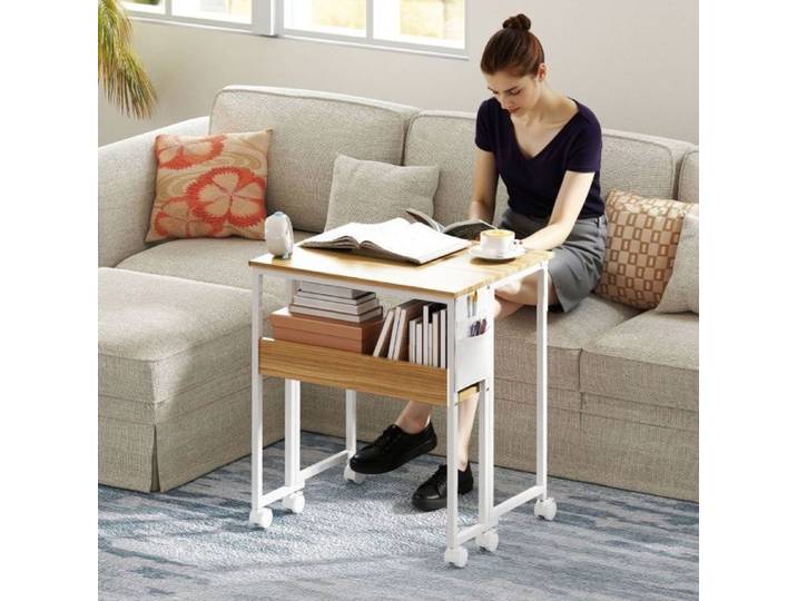 Bureau pliant 63 cm avec roulettes et étagère naturel