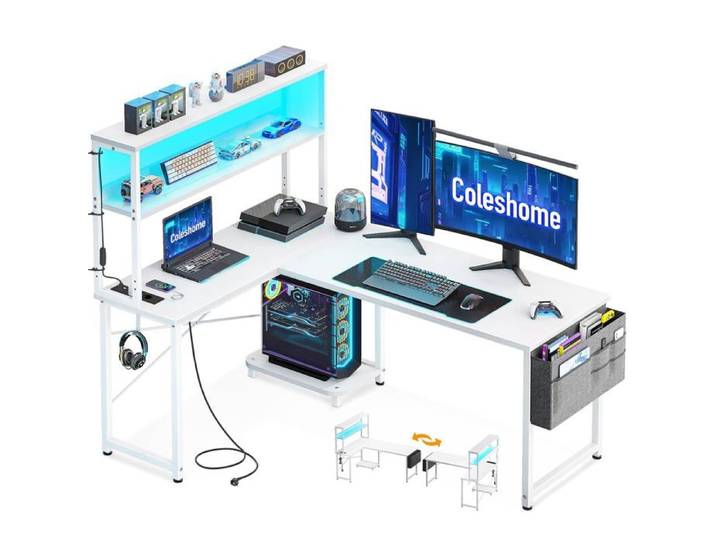 Bureau Gaming d'Angle en L avec LED RGB et Prises USB - 135x100cm - Blanc - Bureau Gamer Design pour Setup PC et Multimédia