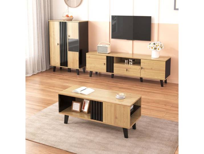 Modenuit Buffet bas 140 x 41 x 78 5 cm 3 portes avec LED verre bois et noir