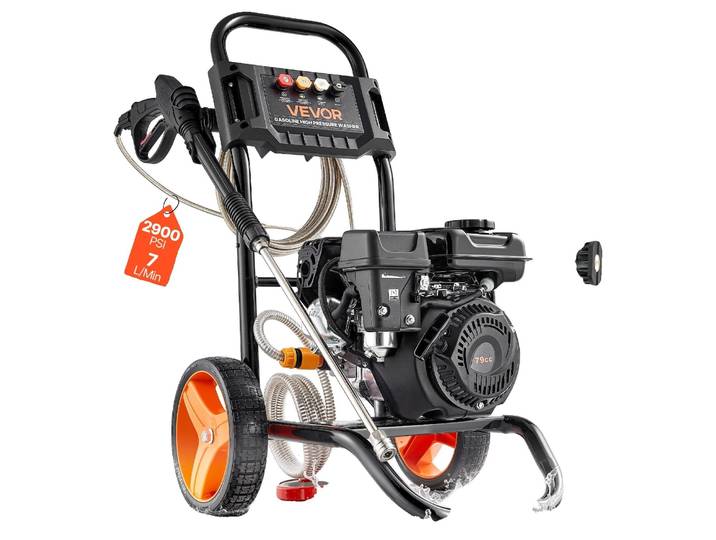 Nettoyeur haute pression à essence VEVOR\, 200 bars\, nettoyeur de terrasse sur pied\, pompe en aluminium avec lance à pistolet\, 4 buses\, machine de nettoyage pour voitures\, clôtures\, allées\, maisons\, terrasses et meubles de jardin