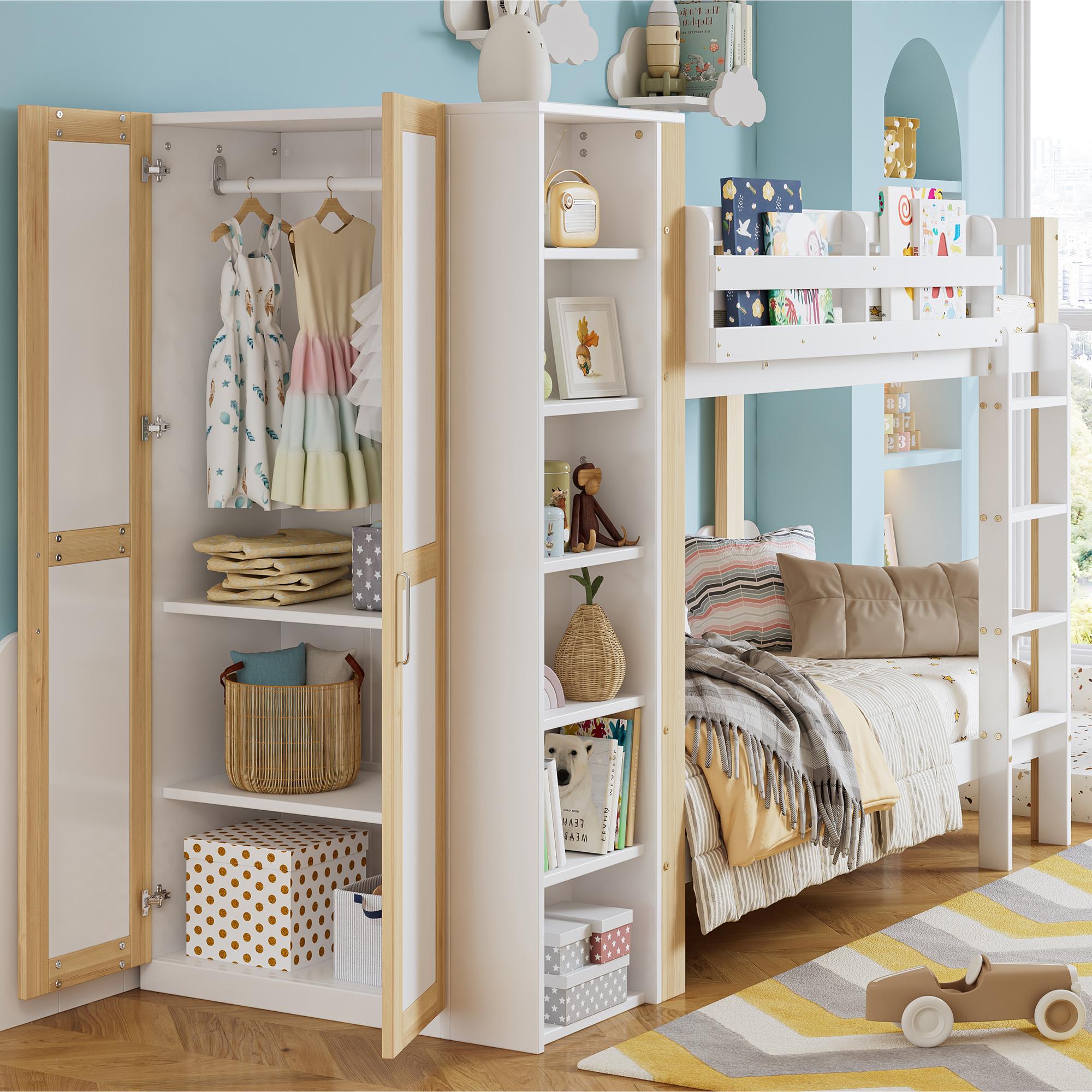 Etagenbett 90x200 mit Kleiderschrank, 6 offene Regale, Gesamtmaß 247 x 95 x 176,5 cm (Weiß/Natur)