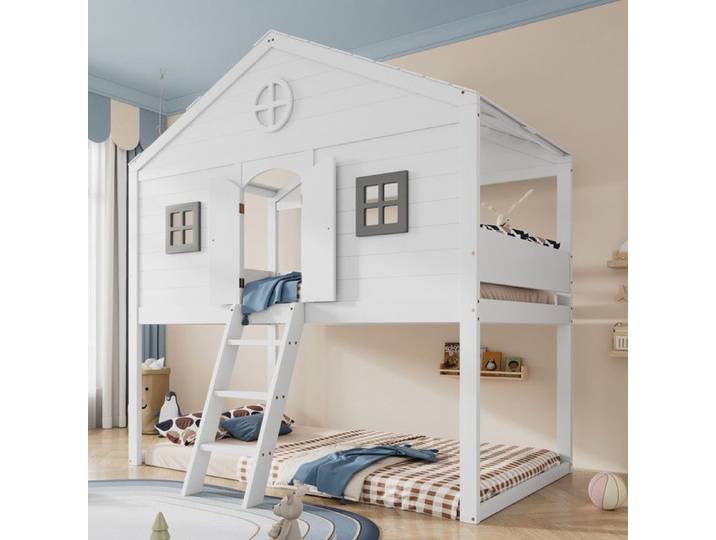 Lit Superposé Cabane 90x200 - Escalier Incliné - Garde-corps 360° - Blanc/Gris - 120kg Max