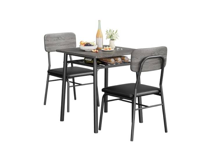 IDEALHOUSE Platzsparendes 3-teiliges Esszimmer-Set für 2 Personen – Quadratischer Tisch mit Metallrahmen, Stauraum und gepolsterten Stühlen – Modernes Küchenmöbel für kleine Räume, Apartments – Farbe: