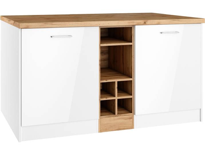 Kücheninsel KOCHSTATION KS-Milan , weiß (küche: weiß, front: weiß hochglanz, korpus: weiß, arbeitsplatte: wotaneiche), B:153cm H:86cm T:100cm, Komplettküchen-Sets, Stellmaß 153/100 cm, viel Stauraum, Lebensmittelpunkt: Küche
