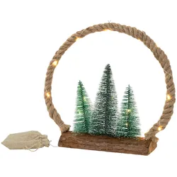 ECD Germany LED-Jute-Kreis 34x30x7,5 cm mit 30 warmweißen LEDs, Deko Weihnachtskreis aus Seil mit 3 Tannen & Jutesäckchen, batteriebetrieben mit