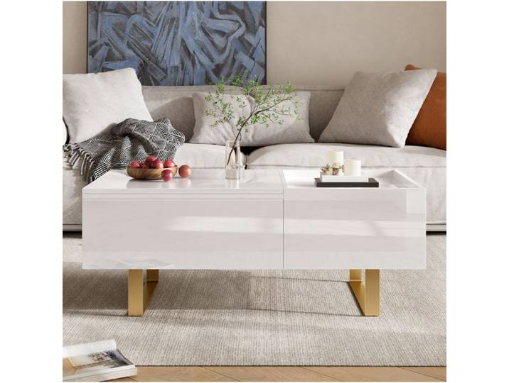 Table basse relevable rectangulaire hydraulique avec rangement caché et tiroir - LPOSPI - MDF brillant blanc