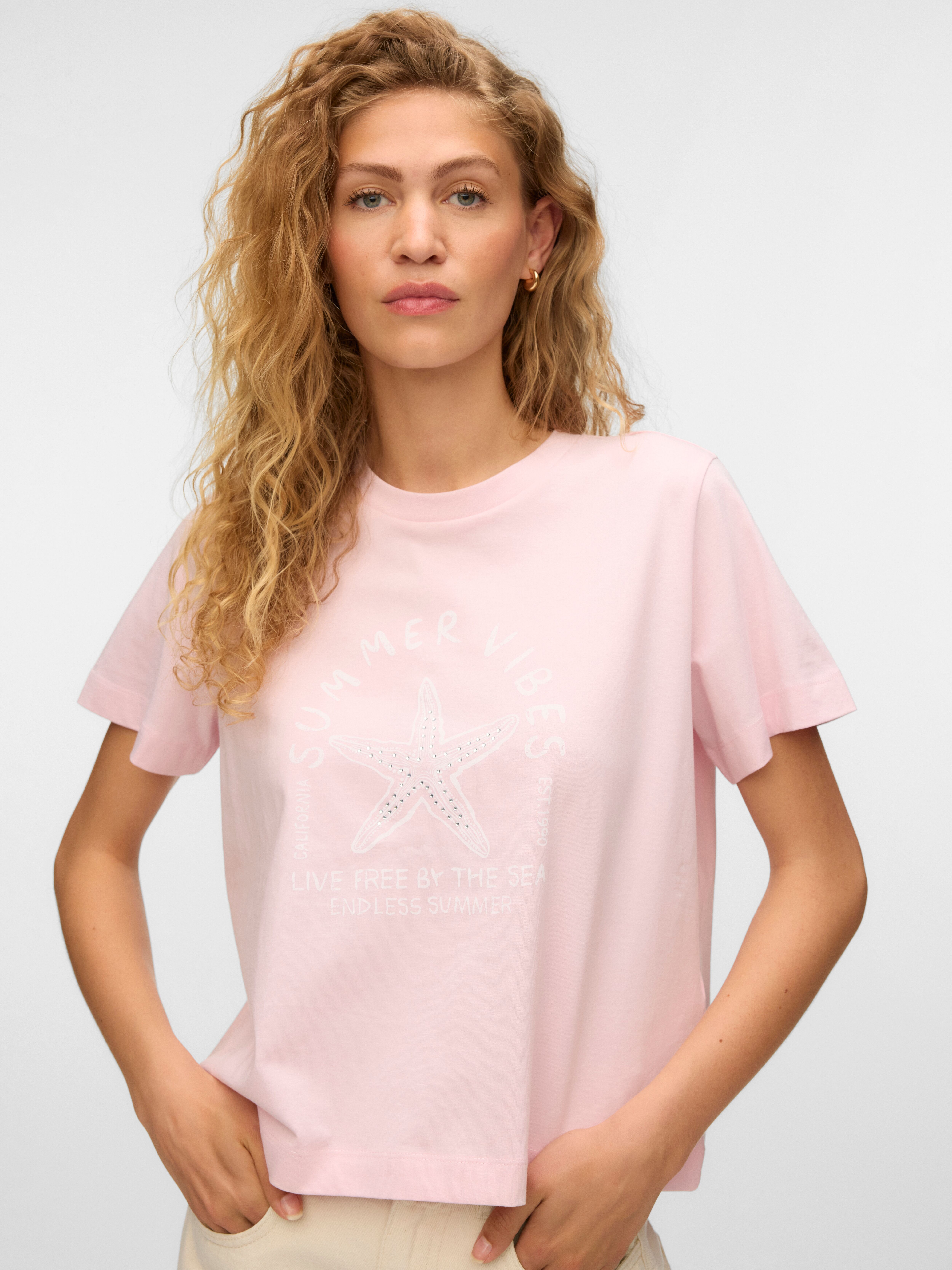 Kurzarmshirt VERO MODA "VMPALMA METTE SS TOP BOX JRS", Damen, Gr. XS, pink, a, boo print:starfish, Jersey, Obermaterial: 100% Baumwolle, bedruckt, normal normal, Rundhals, Shirts Kurzarmshirt, Baumwolle pink, a, boo print:starfish XS