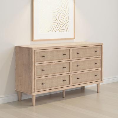 Benjara Ciel Wide Dresser, 6 Drawers with Metal Knob Handles, Brown and Bronze