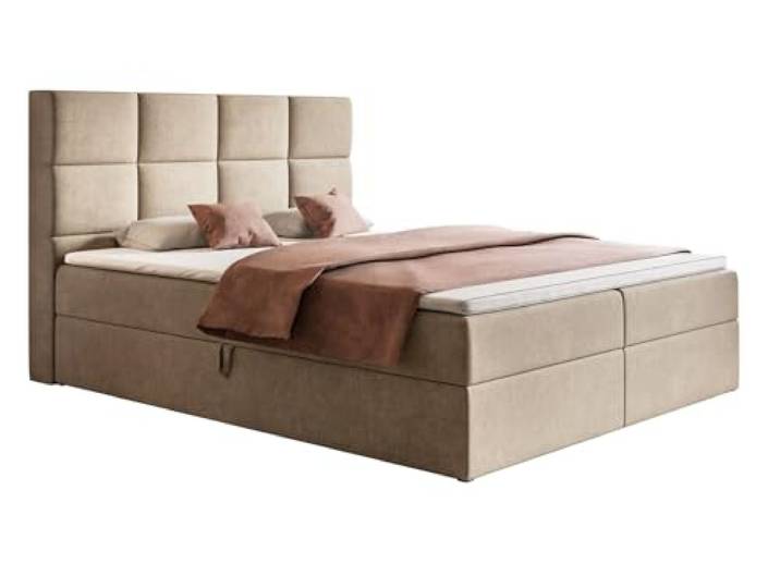 Emporius Boxspringbett 140x200 cm Solo - Bett mit Zwei Bettkästen, Doppelbett Schlafzimmer - Matratze & Topper, Samtstoff - Beige (Jasmine 24)