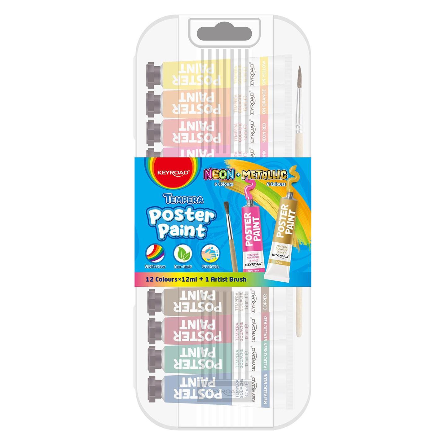 Keyroad Plakatfarben, 12x12ml, Pinsel gratis, Mix aus Metallic- und Neonfarben (12 ml) (47788459)