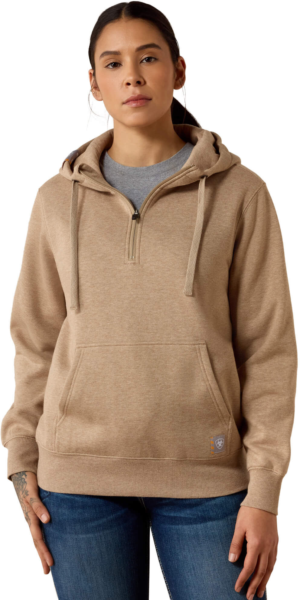 Women's Rebar Skill Set 1/2 Zip Hoodie in Dark Oatmeal Heather, Size: Medium by Ariat