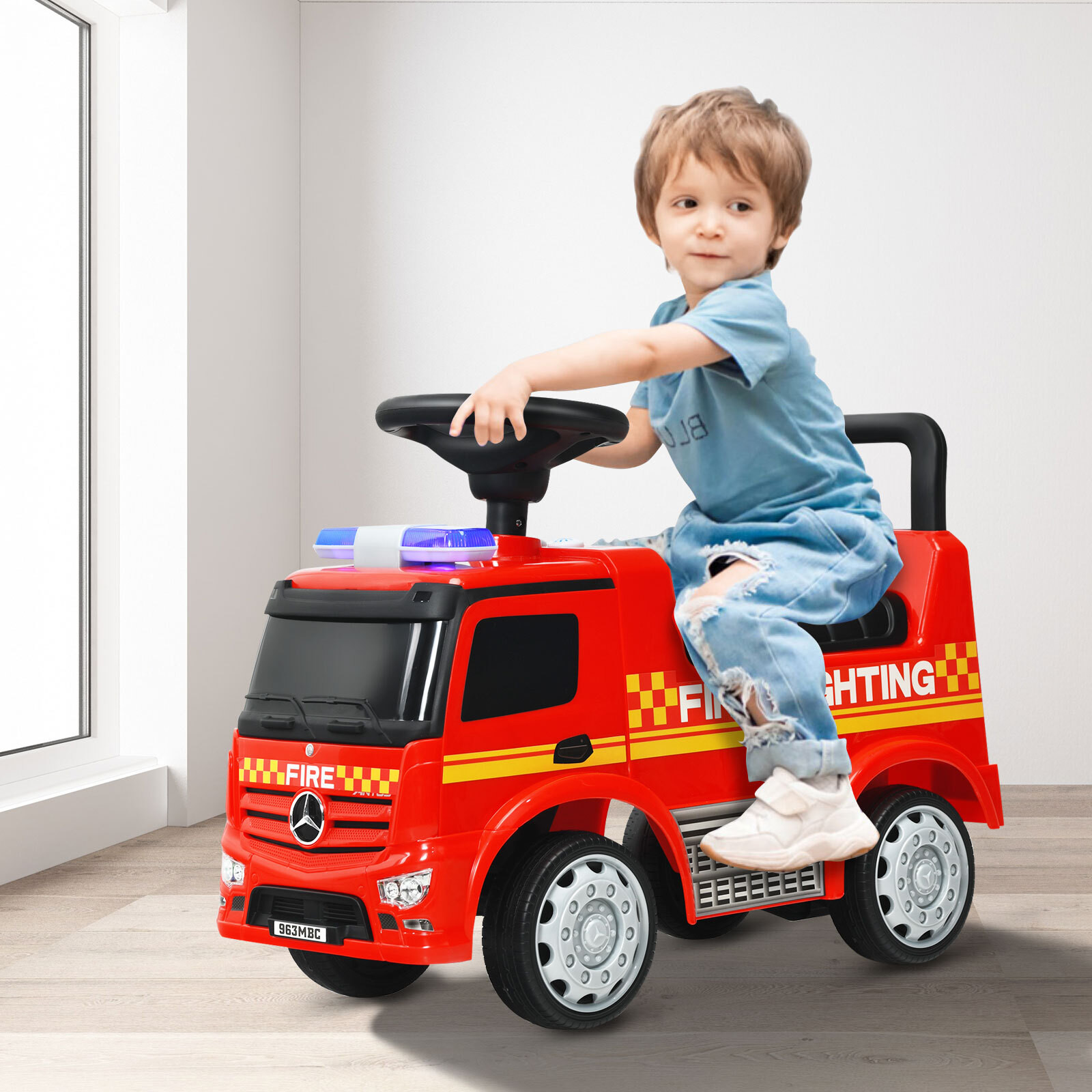 Costway Mercedes-Benz kinderbrandweerwagen met opbergruimte, rood