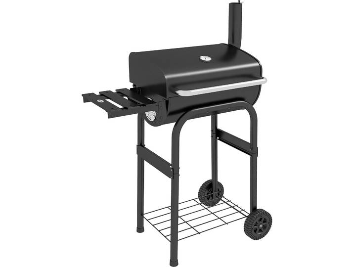 Outsunny Barbecue au charbon de bois chariot de BBQ\, avec šŠtagššres\, roulettes\, couvercle\, thermomšštre\, cheminšŠe\, en mšŠtal noir