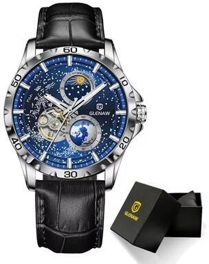Inspired Finds GLENAW Rotating Earth Automatic Mechanical Watch Double Second Hand Men's Luxury Wristwatch With Starry Sky Dial And S silver Blue