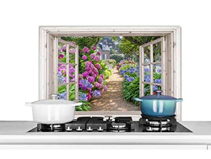 Spatscherm Keuken - 90x60 cm - Hortensia - Doorkijk - Bloemen - Zomer - Paars - Pad