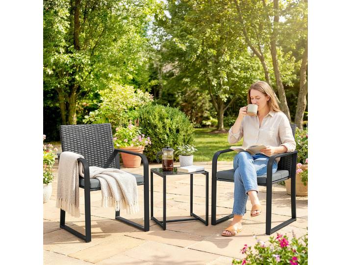 Outsunny Ensemble Jardin Rotin 2 Fauteuils Coussins Table Verre Gris