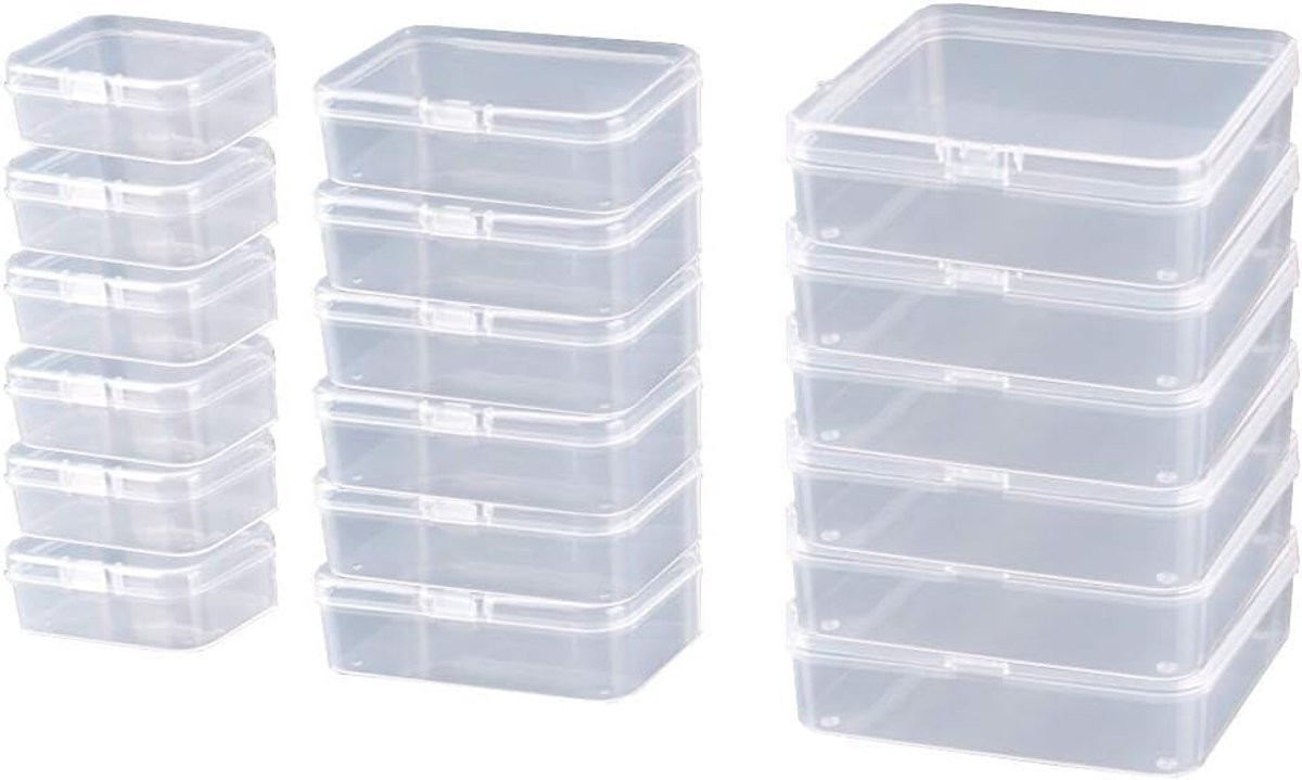 Set van 18 plastic opbergdozen met scharnierdeksel voor sieraden en kleine accessoires