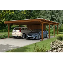 Carport Emsland 613x846cm mit Abstellraum, nussbaum, 20mm Dachschalung mit EPDM Folie Holzcarport