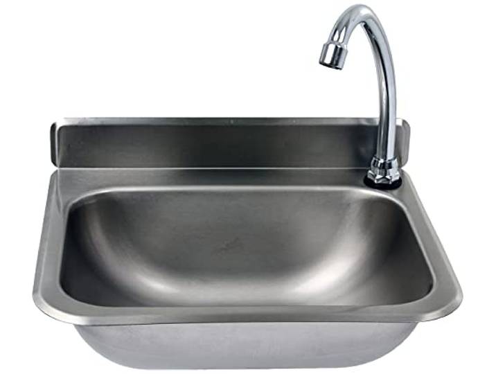 SARO Handwaschbecken aus Edelstahl – Mit Kniebedienung & Rückschlagventil – Zur Wandmontage inkl. Siphon – Beweglicher Hahn – 375×310 mm – Modell ROKIA