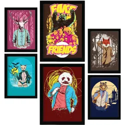 POSTER Set Mit 6 Tiermaskottchen In Rustikale Zitate A3 & A4 Rahmenlos