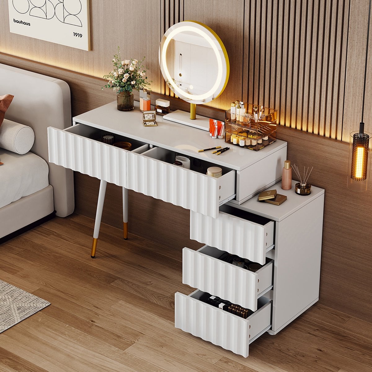 KOMHTOM Kaptafel met LED-spiegel en verlichting, Wit, B: 100 cm, D: 40 cm, H: 127 cm