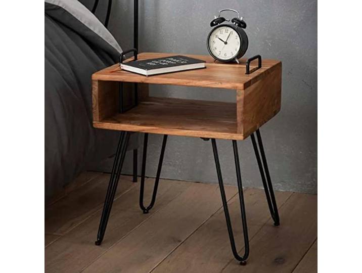 RINGO-Living Massivholz Nachttisch Lani Mit Fach, Industrial Style Stauraum, Wohnzimmertisch 48 cm Hoch, Haarnadel Metallbeine, Holz, Braun