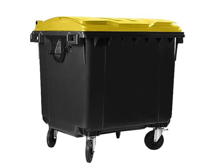 HARDWEX Müllcontainer mit 4 Rädern mit Flachdeckel, Müllgroßbehälter, Abfalltonne, Mülltonne, Volumen: 1 100 Liter, Farbe: Grau/Gelb, Größe: 1 344 x 1 370 x 1 070 mm