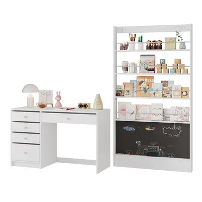 OKWISH Schreibtisch 120x45x74 cm mit Bilderbuchregal 100x10x180 cm, 5 Aufbewahrungsschubladen, Stauraum, interaktive Tafel, MDF Weiß