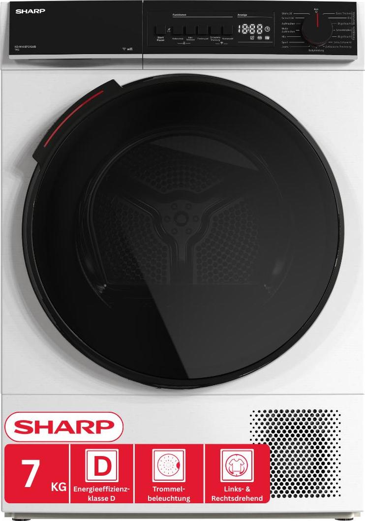 SHARP KD-WNHB7S9GWD-DE Wärmepumpentrockner (7 kg, EEK D), (15 Trockenprogramme, 20 Min. Kurzprogramm, WiFi, Edelstahltrommel mit Beleuchtung), Weiß