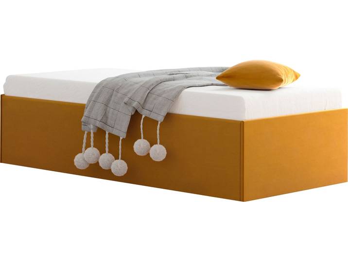 Polsterbett, Glanzvelours, Gelb, 205×205 cm, Ohne Kopfteil, Mit Stauraum, WESTFALIA SCHLAFKOMFORT