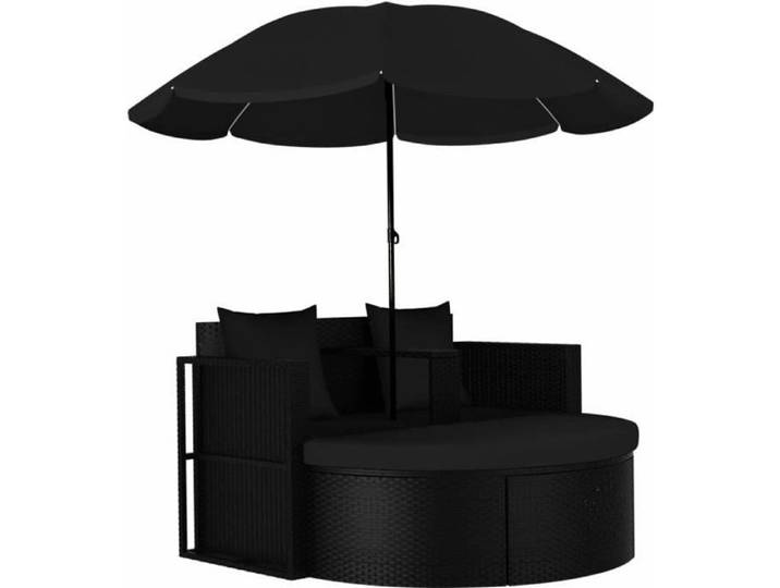Lit de jardin - Résine tressée - Noir - Avec parasol - Imperméable - Coussins amovibles