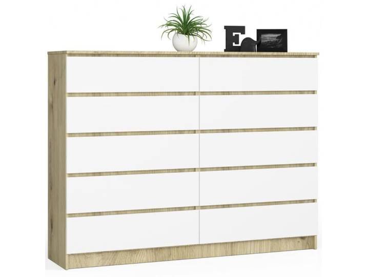Grande Commode pour le salon AKORD K160 Chêne Artisan 160 cm 10 tiroirs façade Blanche 160x40x121 cm