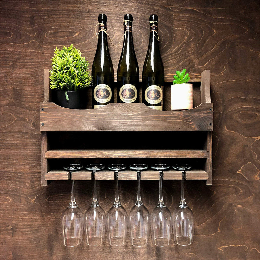 Marlow Home Co. Leitersburg 6 Bottle Wall Mounted Wine Bottle & Glass Rack Dark Brown 30.5cm H X 59cm W X 12cm D