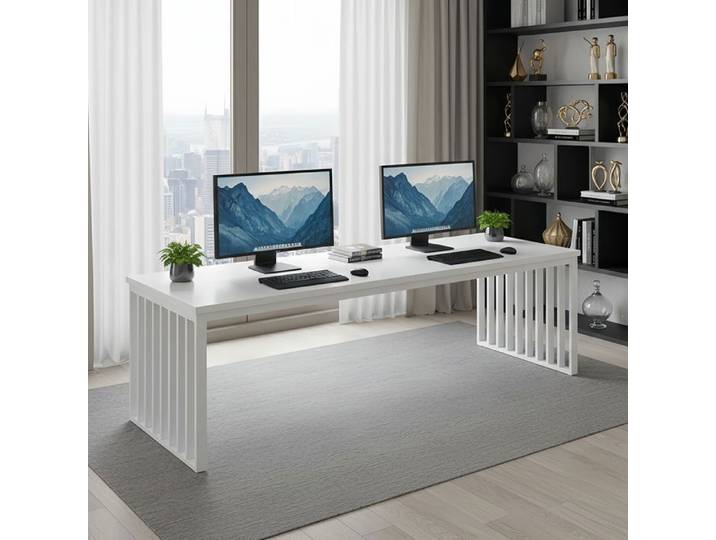 Grand bureau d'ordinateur de 180 cm avec structure en métal robuste - Station de travail - Blanc (sans chaise）